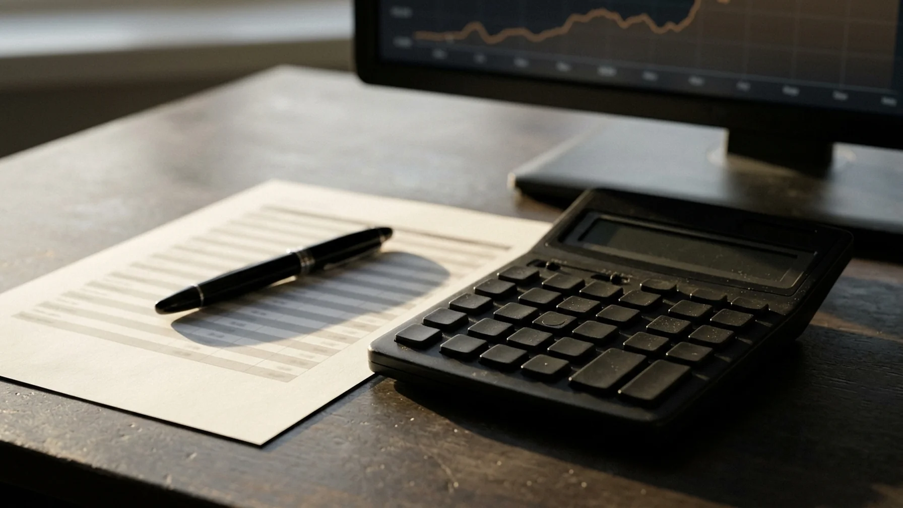 A calculator, printed exchange rate table and pen resting on a desk next to a monitor showing a price chart, natural daylight across the paper