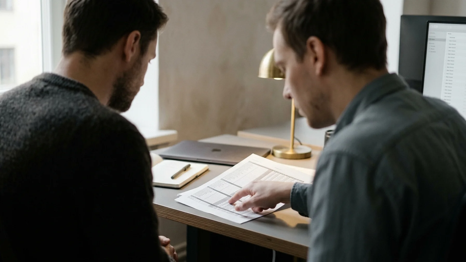 Two people reviewing a printed reconciliation schedule at a desk, one pointing at a column of figures, with a second screen showing a list of accounts behind them