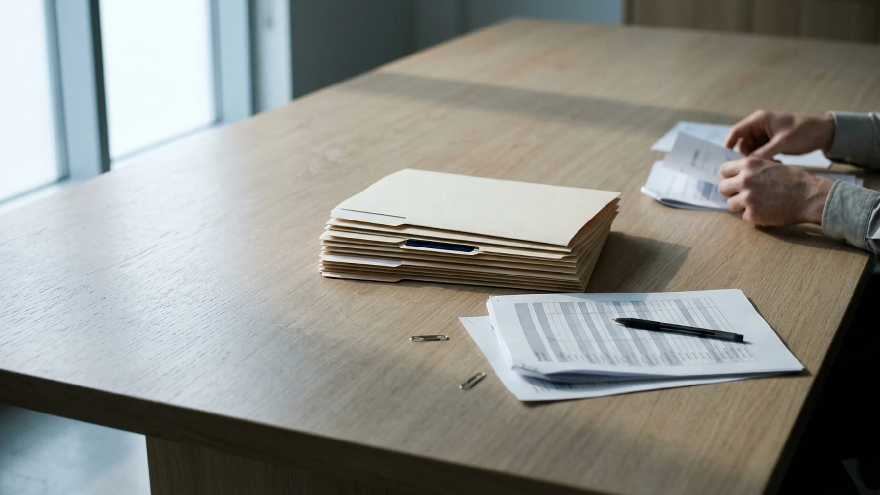 A folder of labeled financial documents, a stapled report and a pen on a conference table, with hands sorting papers at the edge of the frame